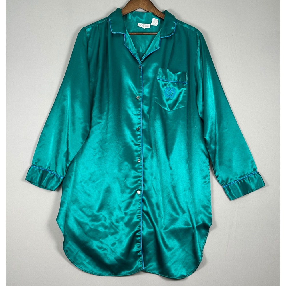 Softly Nightshirt Women Medium Teal Green Excellent Vintage 80s 90s Satin Button